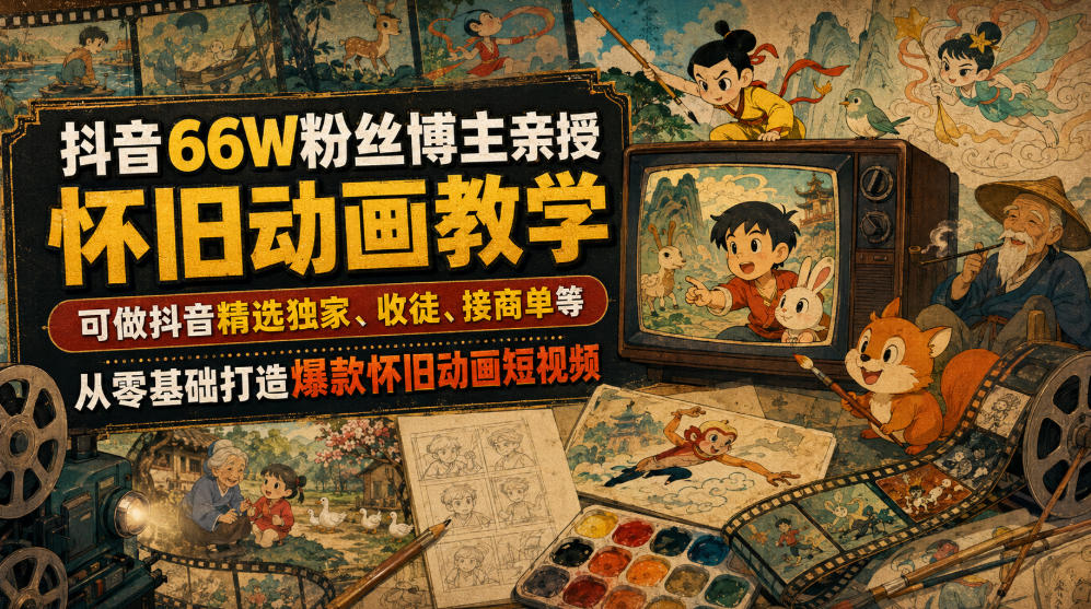 抖音66W粉丝博主亲授怀旧动画教学,可做抖音精选独家、收徒、接商单等,从零基础打造爆款怀旧动画短视频-聚业