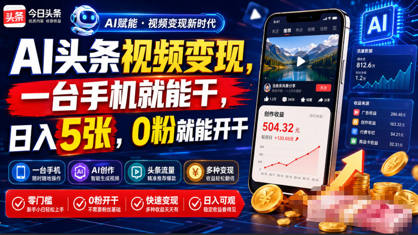 AI头条视频变现,一台手机就能干,日入5张,0粉就能开干-聚业