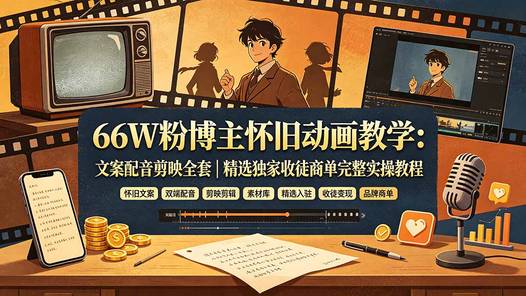 66W粉博主怀旧动画教学:文案配音剪映全套|精选独家收徒商单完整实操教程-聚业