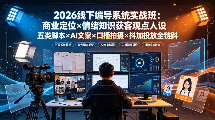 2026线下编导系统实战班:商业定位×情绪知识获客观点人设五类脚本×AI文案×口播拍摄×抖加投放全链路-聚业