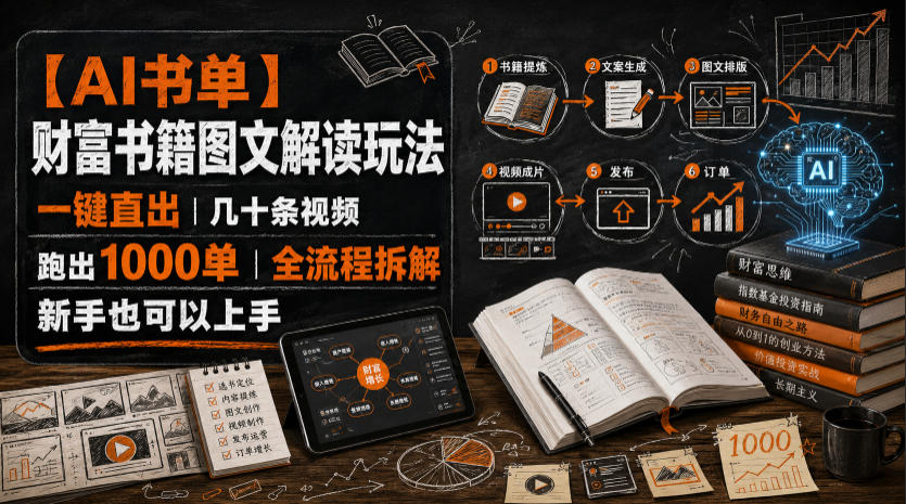 【AI书单】财富书籍图文解读玩法,一键直出,几十条视频,跑出1000单,全流程拆解,新手也可以上手-聚业