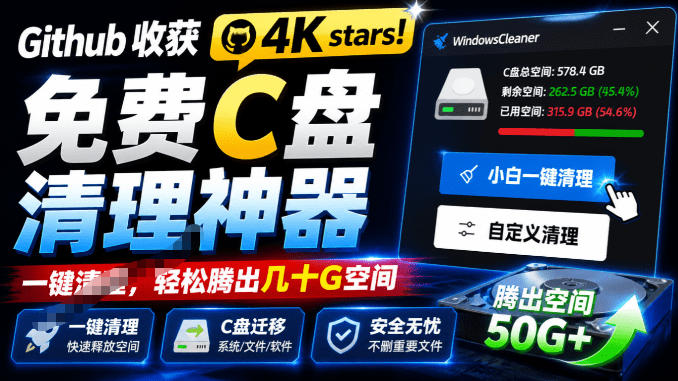 Github收获4K stars!免费C盘清理神器,轻松腾出几十G空间,支持C盘迁移Windows Cleaner-聚业