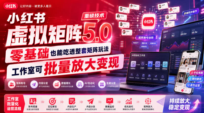 小红书虚拟矩阵5.0重磅技术,零基础也能吃透整套矩阵玩法,工作室可批量放大变现-聚业