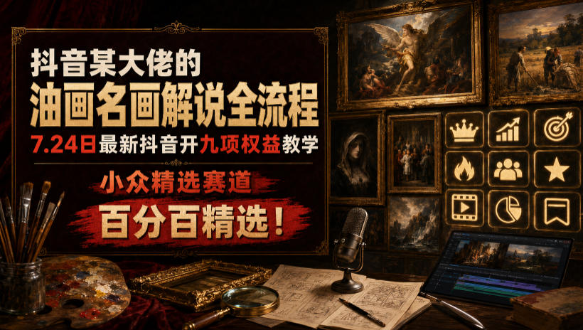 抖音某大佬的油画名画解说全流程,7.24日最新抖音开九项权益教学,小众精选赛道,百分百精选!-聚业