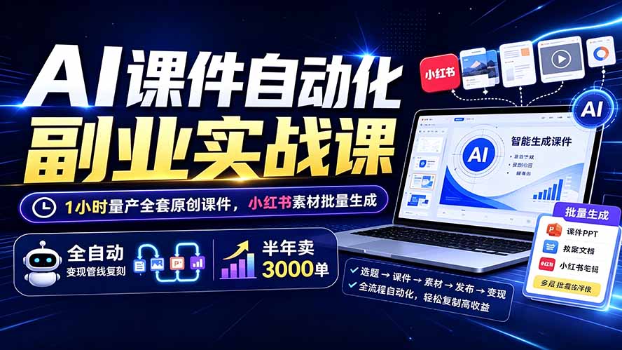 AI课件自动化副业实战课:1小时量产全套原创课件×小红书素材批量生成×全自动变现管线×半年卖3000单-聚业