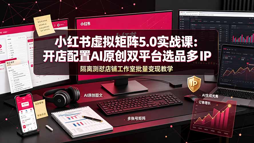 小红书虚拟矩阵5.0实战课:开店配置|AI原创|双平台选品|多IP隔离|测怼店铺工作室批量变现实操教学-聚业