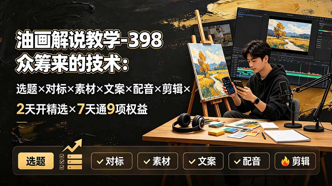 油画解说教学-398众筹来的技术:选题×对标×素材×文案×配音×剪辑×2天开精选×7天通9项权益-聚业