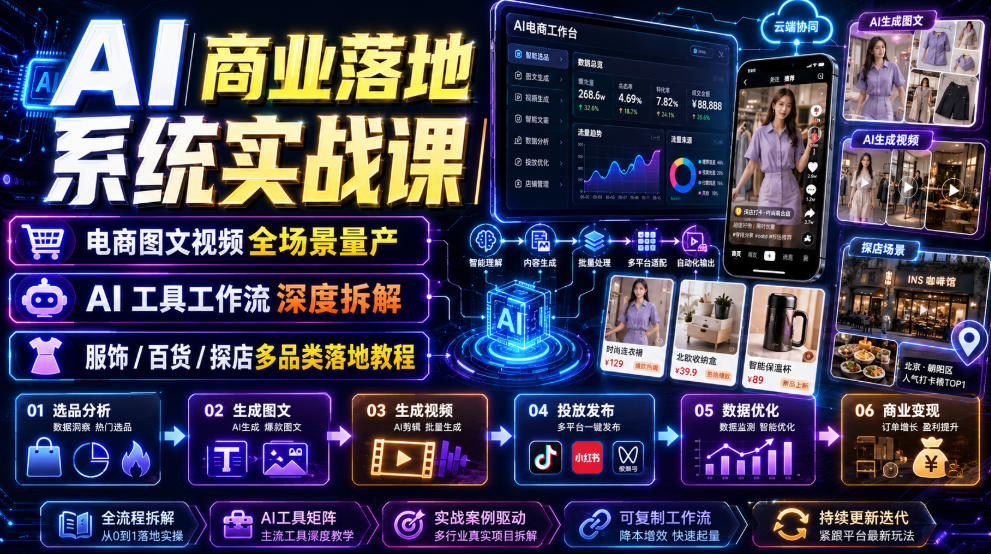 AI商业落地系统实战课|电商图文视频全场景量产・AI工具工作流深度拆解・服饰/百货/探店多品类落地教程-聚业