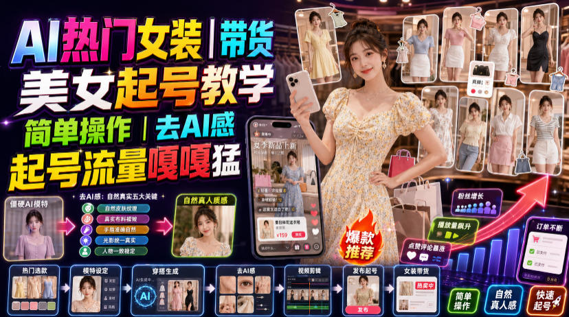 AI热门女装带货丨美女起号教学,简单操作,去AI感,起号流量嘎嘎猛-聚业