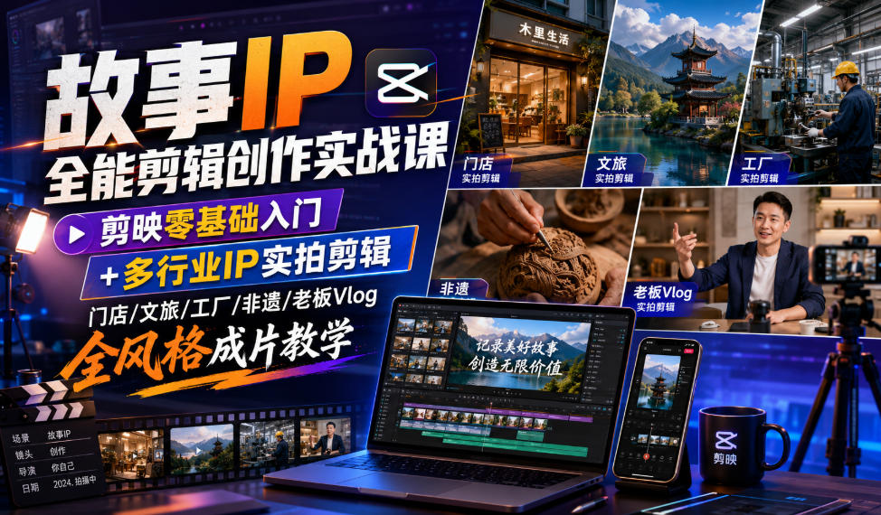 故事IP全能剪辑创作实战课|剪映零基础入门+多行业IP实拍剪辑,门店/文旅/工厂/非遗/老板Vlog全风格成片教学-聚业