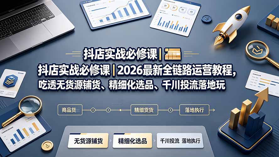 抖店实战必修课|2026最新全链路运营教程,吃透无货源铺货、精细化选品、千川投流落地玩法-聚业