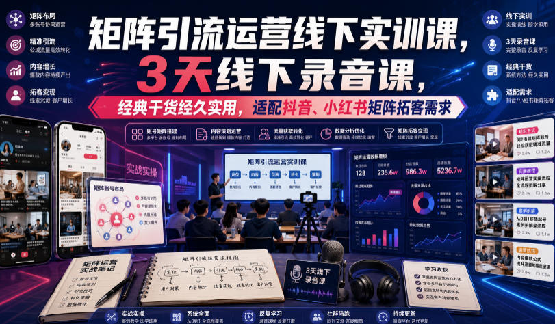 嗨推矩阵引流运营线下实训课,3天线下录音课,经典干货经久实用,适配抖音、小红书矩阵拓客需求-聚业