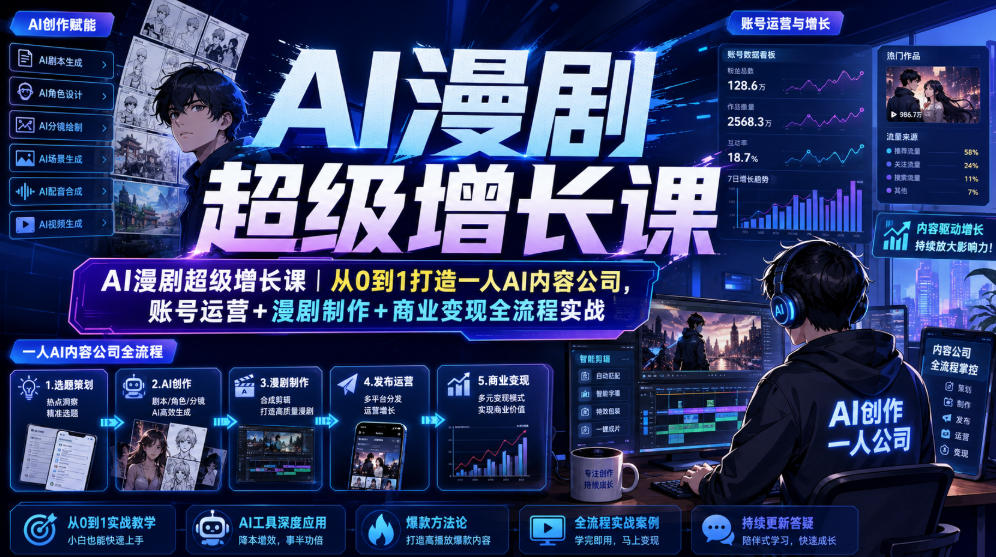 AI漫剧超级增长课|从0到1打造一人AI内容公司,账号运营+漫剧制作+商业变现全流程实战-聚业