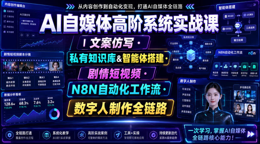 AI自媒体高阶系统实战课|文案仿写・私有知识库&智能体搭建・剧情短视频・N8N自动化工作流・数字人制作全链路-聚业