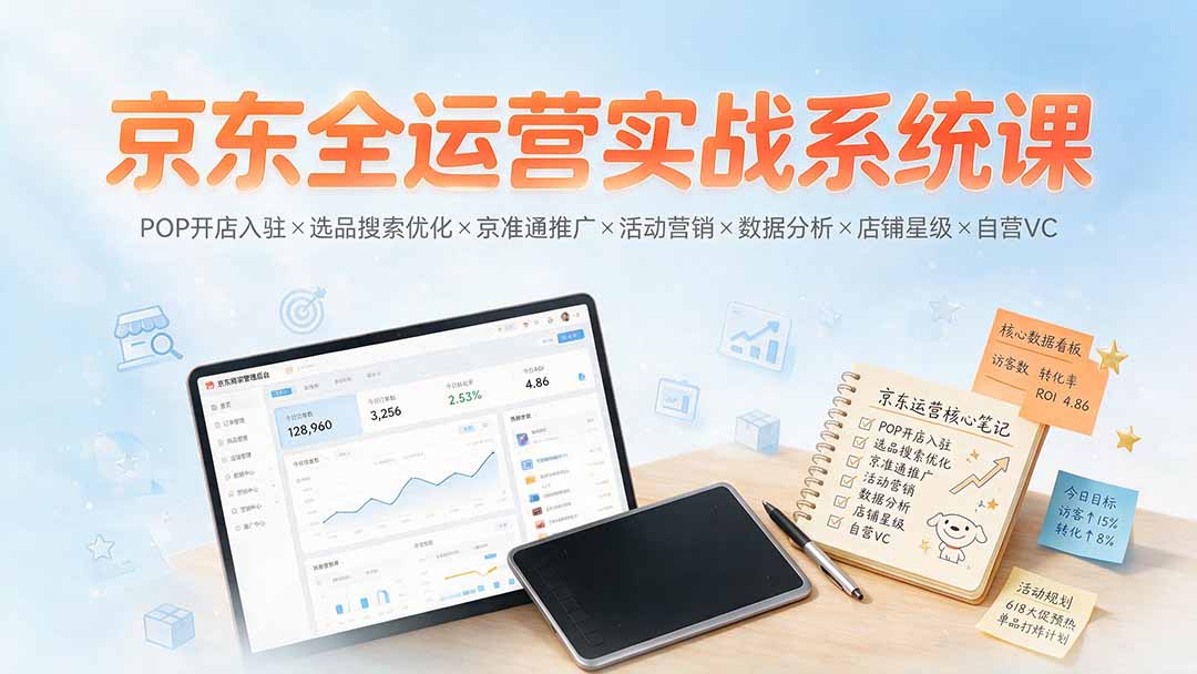 京东全运营实战系统课:POP开店入驻×选品搜索优化×京准通推广×活动营销×数据分析×店铺星级×自营VC-聚业