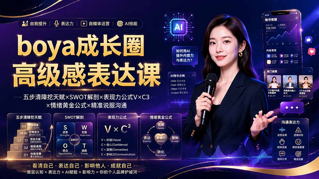 boya成长圈|内心成长高级表达AI自媒体三合一,消解内耗挖掘天赋,镜头沟通AI指令短视频全流程教学-聚业