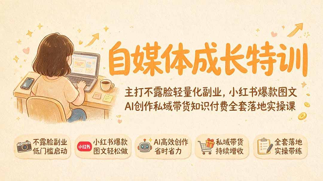 自媒体成长特训|主打不露脸轻量化副业,小红书爆款图文AI创作私域带货知识付费全套落地实操课-聚业