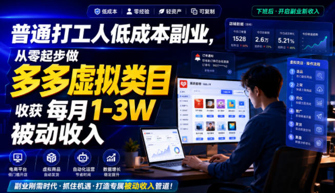 普通打工人低成本副业,从零起步做多多虚拟类目,收获每月1-3W被动收入【揭秘】-聚业