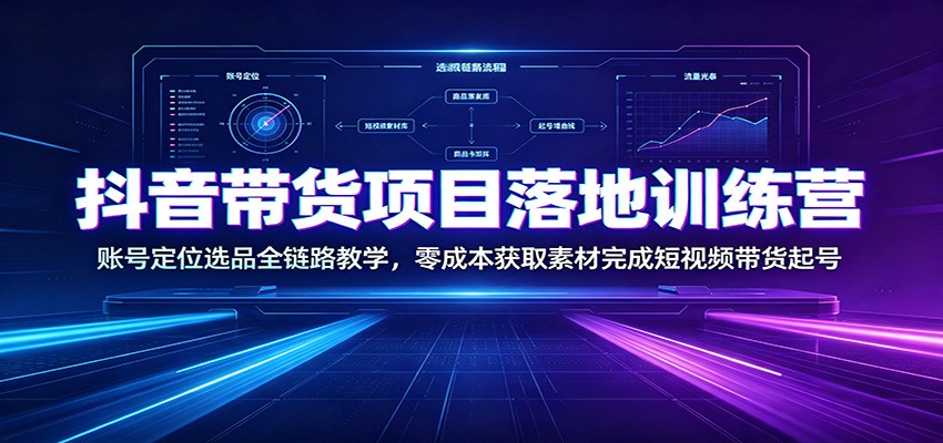 抖音带货项目落地训练营:账号定位选品全链路教学,零成本获取素材完成短视频带货起号-聚业