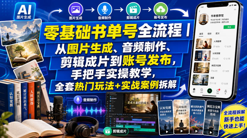 零基础书单号全流程|从图片生成、音频制作、剪辑成片到账号发布,手把手实操教学,全套热门玩法+实战案例拆解-聚业