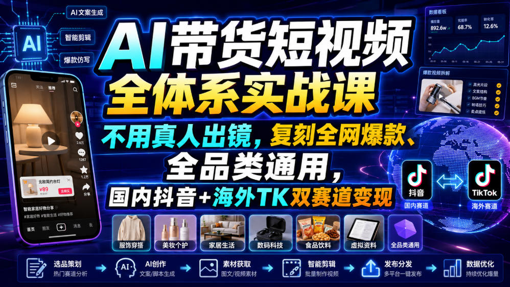 AI带货短视频全体系实战课,不用真人出镜,复刻全网爆款、全品类通用,国内抖音+海外TK双赛道变现-聚业
