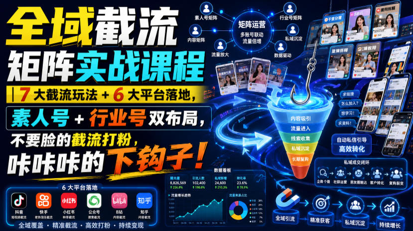 全域截流矩阵实战课程|7大截流玩法+6大平台落地,素人号+行业号双布局,不要脸的截流打粉,咔咔咔的下钩子!-聚业