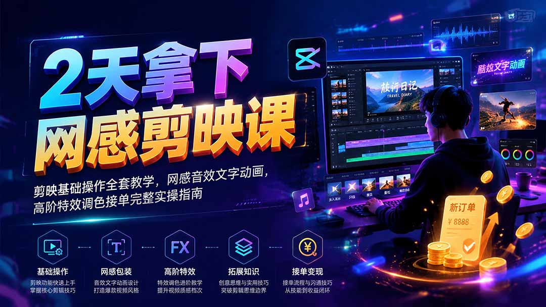 2天拿下网感剪辑课|剪映基础操作全套教学,网感音效文字动画,高阶特效调色接单完整实操指南-聚业