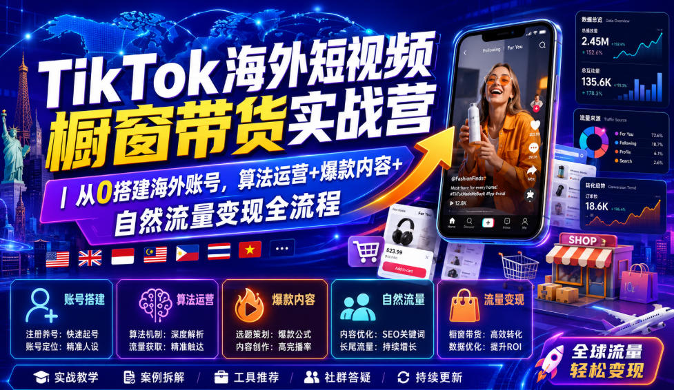 TikTok海外短视频橱窗带货实战营|从0搭建海外账号,算法运营+爆款内容+自然流量变现全流程-聚业