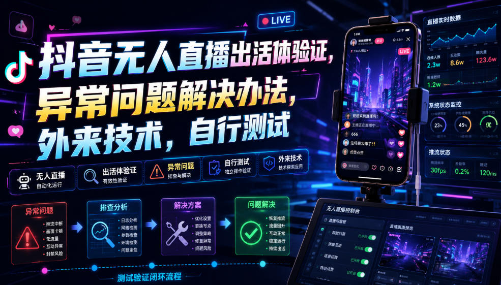 抖音无人直播出活体验证,异常问题解决办法,外来技术,自行测试-聚业