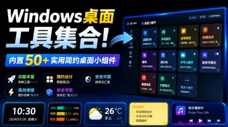 Windows桌面工具集合!内置50+实用简约桌面小组件,含截图、录屏、翻译、天气等,多秘工具箱-聚业