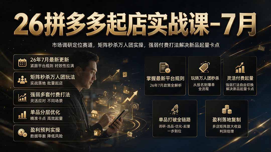 26拼多多起店实战课-7月|市场调研定位赛道,矩阵秒杀万人团实操,强弱付费打法解决新品起量卡点-聚业
