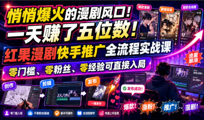 悄悄爆火的漫剧风口!一天賺了五位数!红果漫剧快手推广全流程实战课,零门槛、零粉丝、零经验可直接入局-聚业