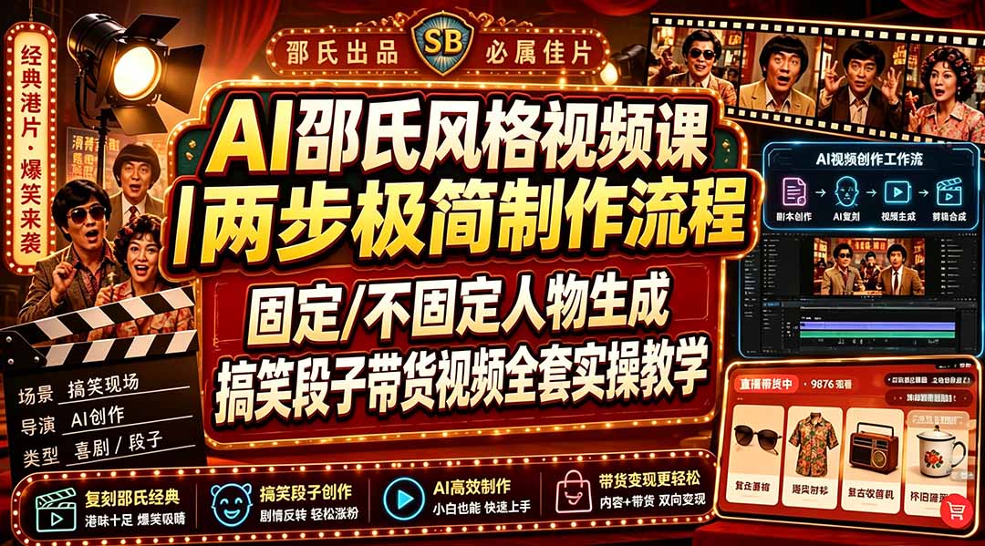 AI邵氏风格视频课|两步极简制作流程,固定/不固定人物生成,搞笑段子带货视频全套实操教学-聚业