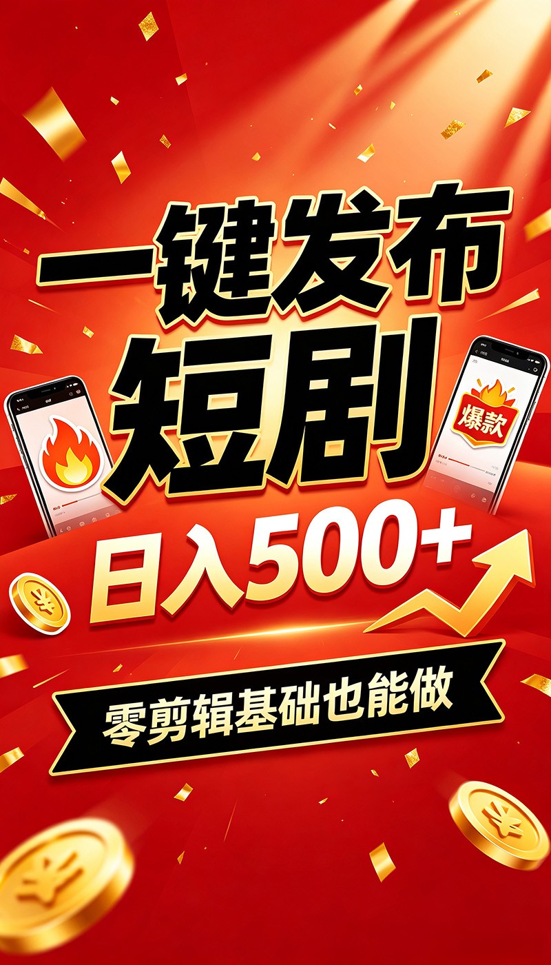 快手短剧一键发布,不用剪辑操作简单,副业日入500+。空闲时间轻松赚收益-聚业