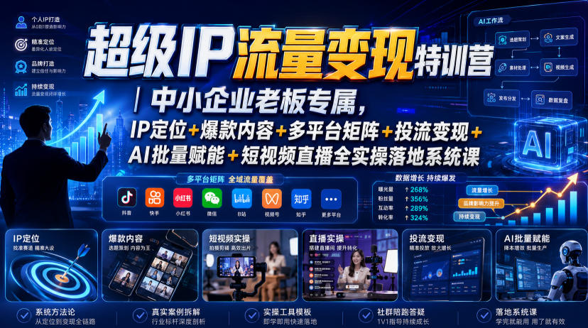 超级IP流量变现特训营|中小企业老板专属,IP定位+爆款内容+多平台矩阵+投流变现+AI批量赋能+短视频直播全实操落地系统课-聚业