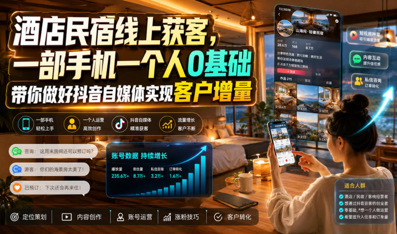酒店民宿线上获客,一部手机一个人0基础带你做好抖音自媒体实现客户增量-聚业