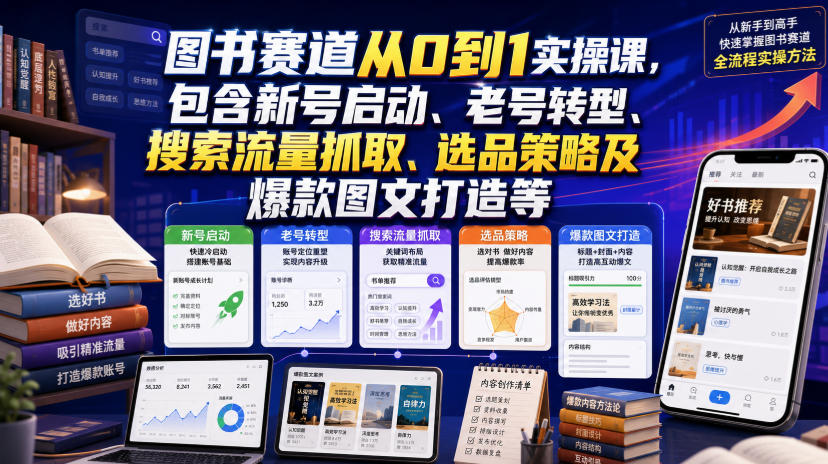 图书赛道从0到1实操课,包含新号启动、老号转型、搜索流量抓取、选品策略及爆款图文打造等-聚业