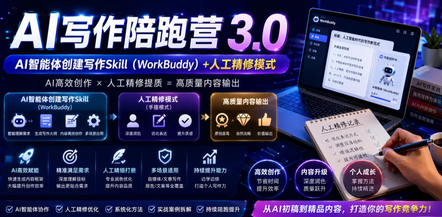 AI写作陪跑营3.0,Ai智能体创建写作skill(workbuddy)+人工手写模式(手搓模式),去除AI痕迹(头条号、公众号、百家号)(更新0730)-聚业