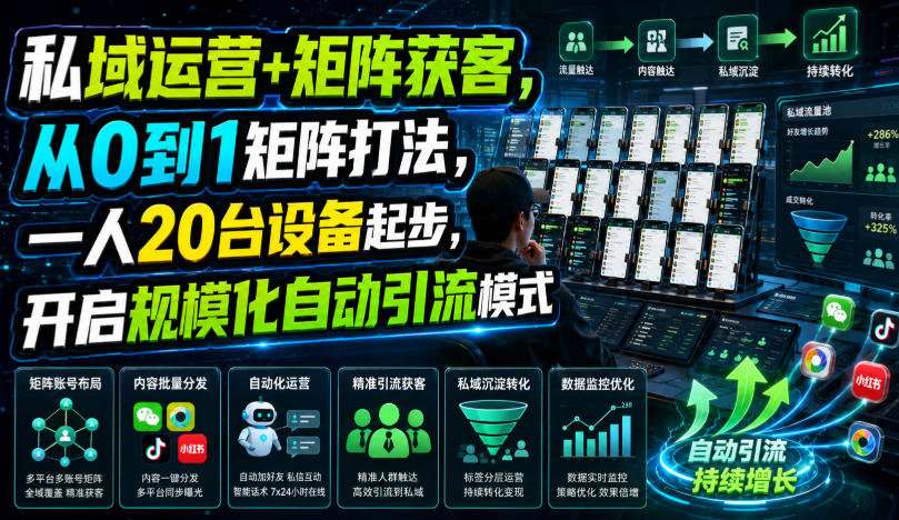 私域运营+矩阵获客,从0到1矩阵打法,一人20台设备起步,开启规模化自动引流模式!-聚业
