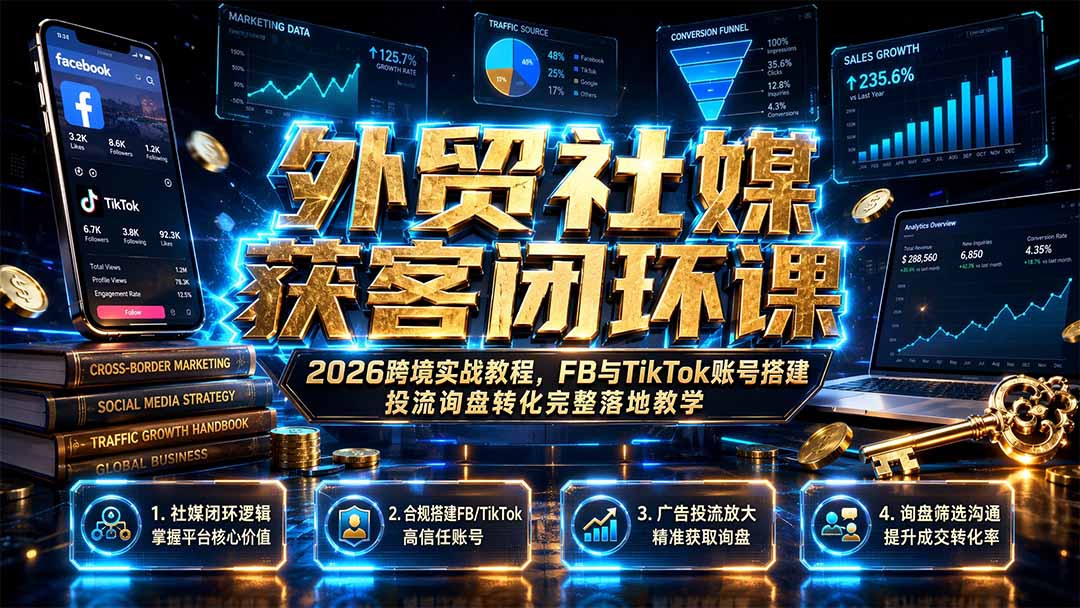 外贸社媒获客闭环课|2026跨境实战教程,FB与TikTok账号搭建投流询盘转化完整落地教学-聚业