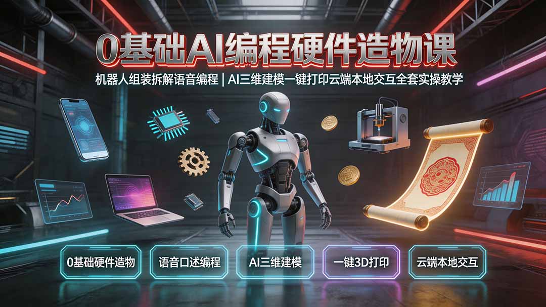 0基础AI编程硬件造物课|机器人组装拆解语音编程,AI三维建模一键打印云端本地交互全套实操教学-聚业