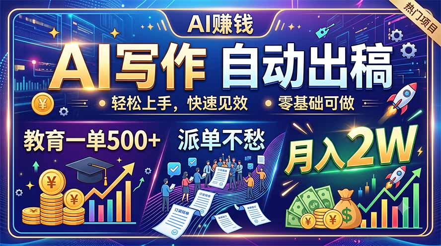 AI写作自动出稿,教育一单500+,派单不愁,月入2W-聚业