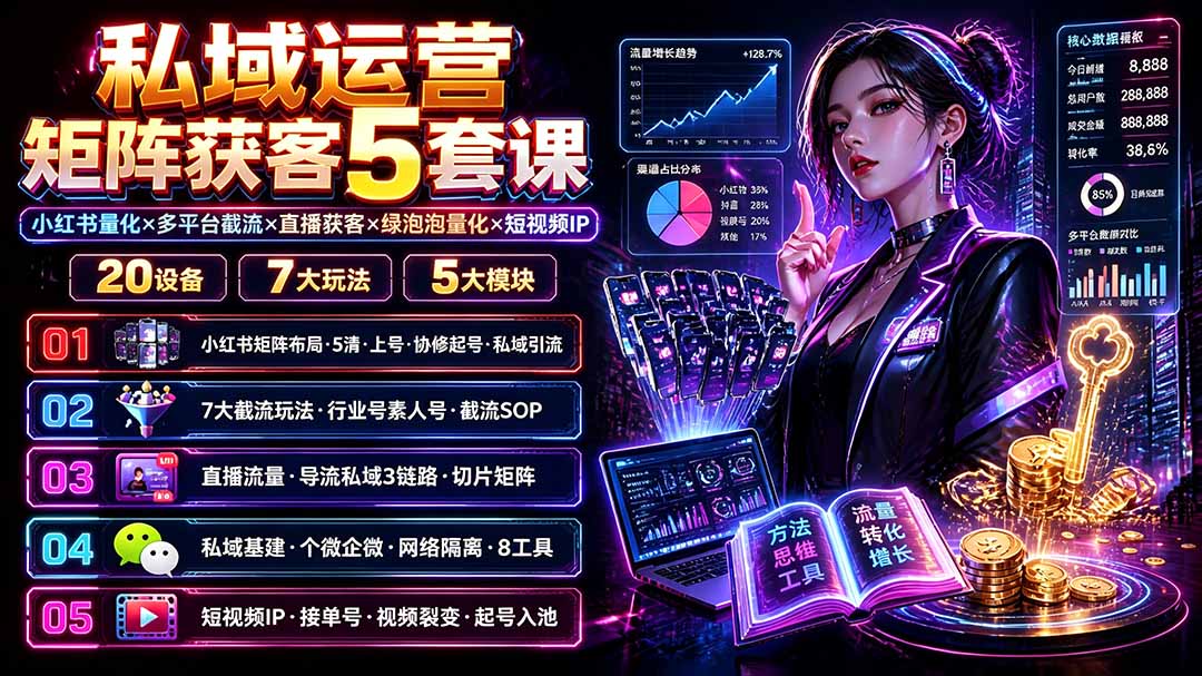 私域运营矩阵获客5套课:小红书量化×多平台截流×直播获客×绿泡泡量化×短视频IP×20设备×7大玩法-聚业