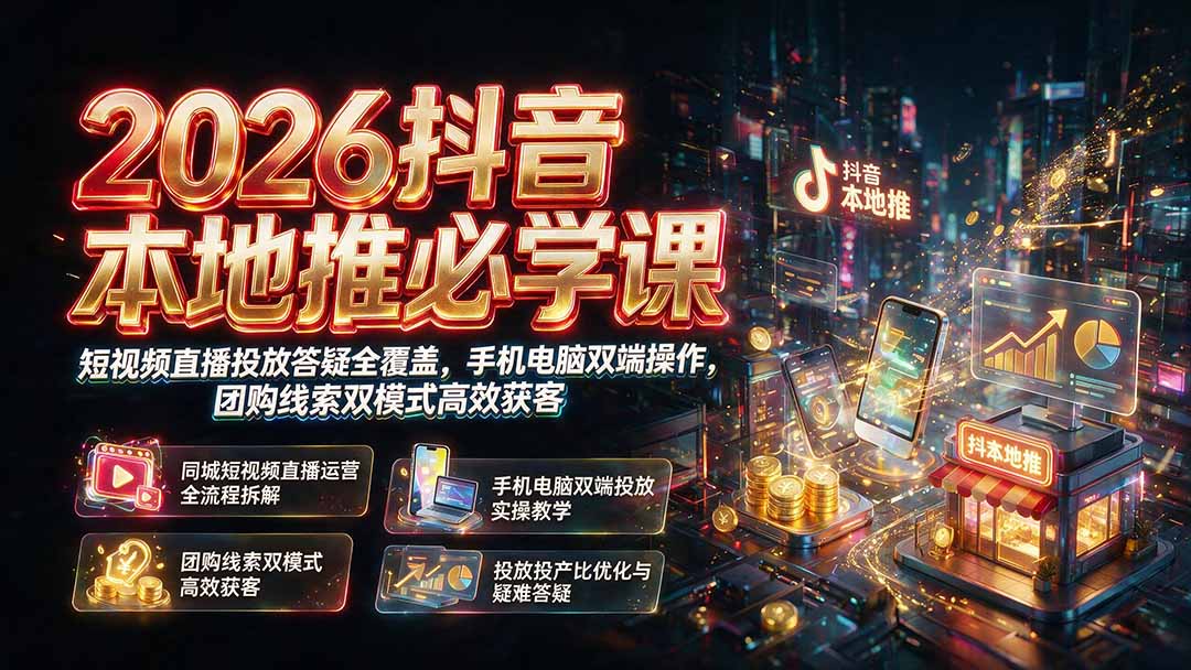 2026抖音本地推必学课|短视频直播投放答疑全覆盖,手机电脑双端操作,团购线索双模式高效获客-聚业
