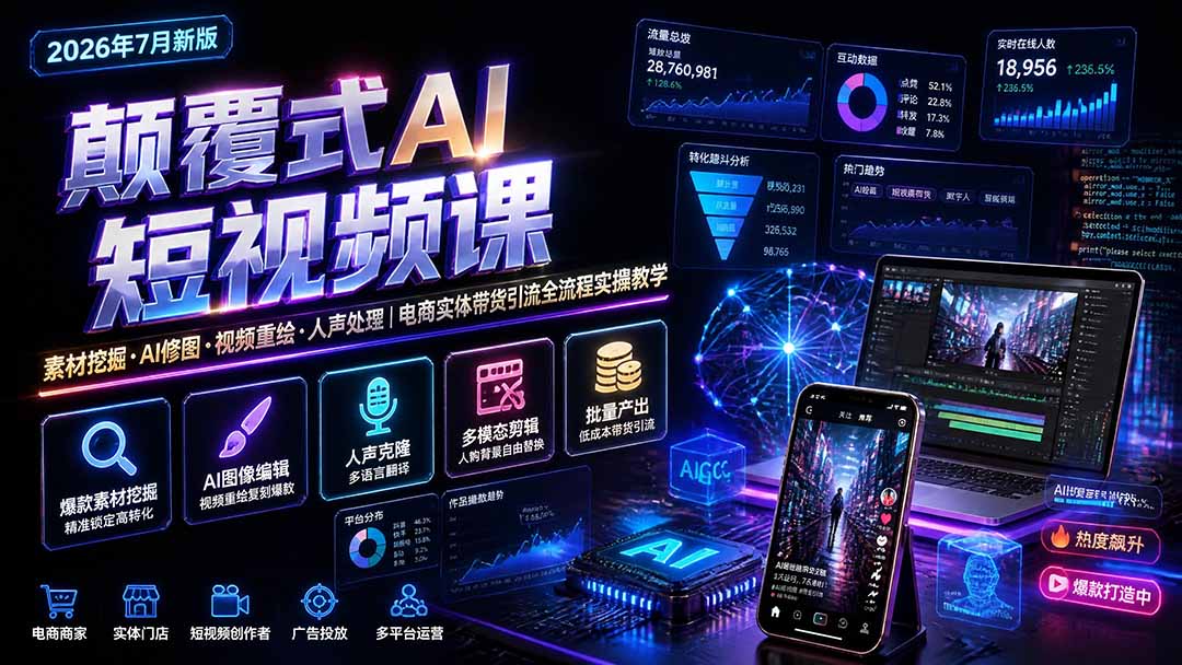 颠覆式AI短视频课｜素材挖掘，AI修图，视频重绘，人声处理｜电商实体带货引流全流程实操教学-聚业