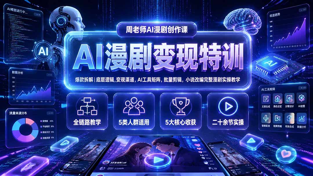 AI漫剧变现特训★爆款拆解｜底层逻辑，变现渠道，AI工具矩阵，批量剪辑，小说改编完整漫剧实操教学-聚业