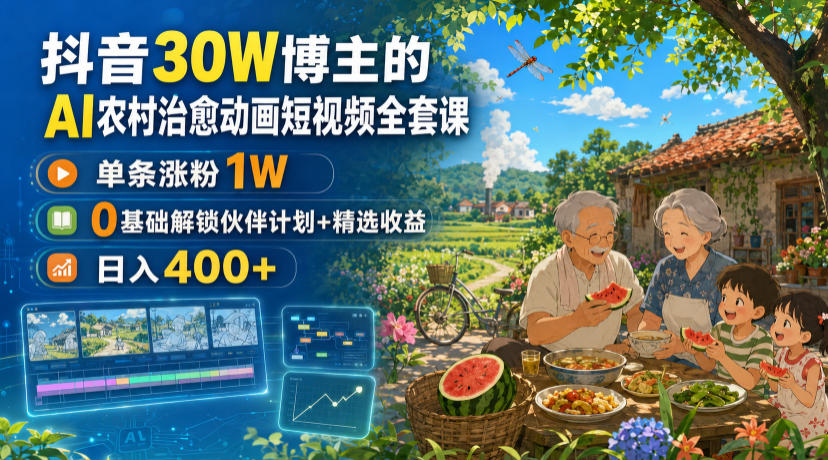抖音30W博主的AI农村治愈动画短视频全套课｜单条涨粉1W，0基础解锁伙伴计划+精选收益，日入400+-聚业