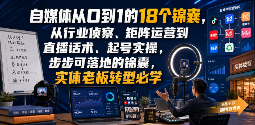 自媒体从0到1的18个锦囊，从行业侦察、矩阵运营到直播话术、起号实操，步步可落地的锦囊，实体老板转型必学-聚业