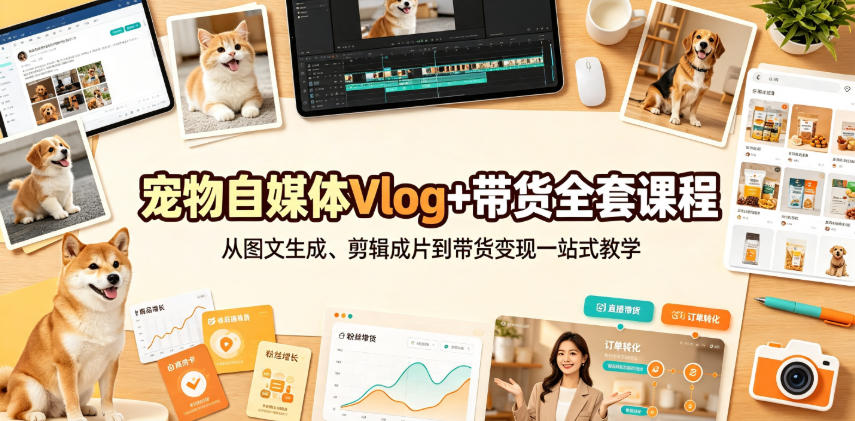 宠物自媒体Vlog+带货全套课程｜从图文生成、剪辑成片到带货变现一站式教学-聚业