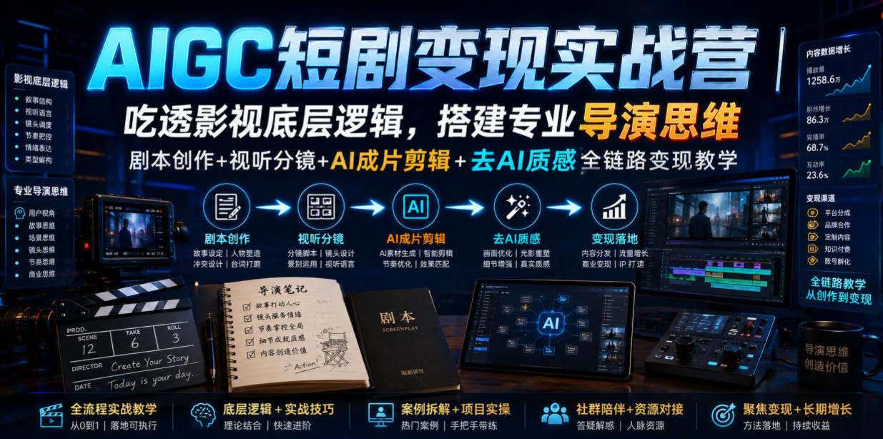 AIGC短剧变现实战营｜吃透影视底层逻辑，搭建专业导演思维，剧本创作+视听分镜+AI成片剪辑+去AI质感全链路变现教学-聚业